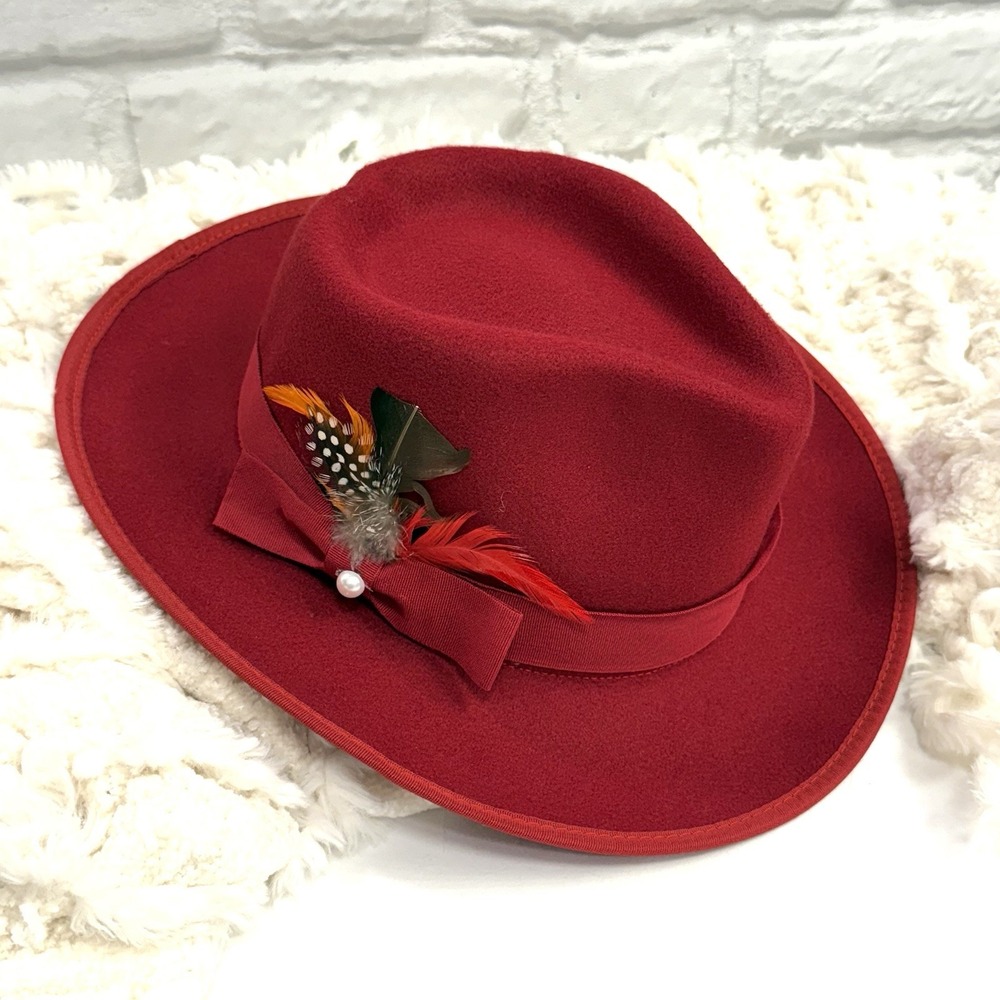 Red Wool Felt Fedora Hat With Feathers & Bow Woman's Unisex Godfather Derby‎